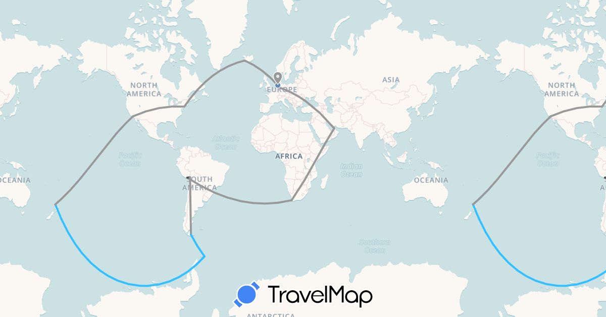 TravelMap itinerary: driving, plane, cycling, boat, motorbike in United Arab Emirates, Antarctica, Argentina, Bolivia, Iceland, Netherlands, New Zealand, Peru, United States, South Africa (Africa, Antarctica, Asia, Europe, North America, Oceania, South America)